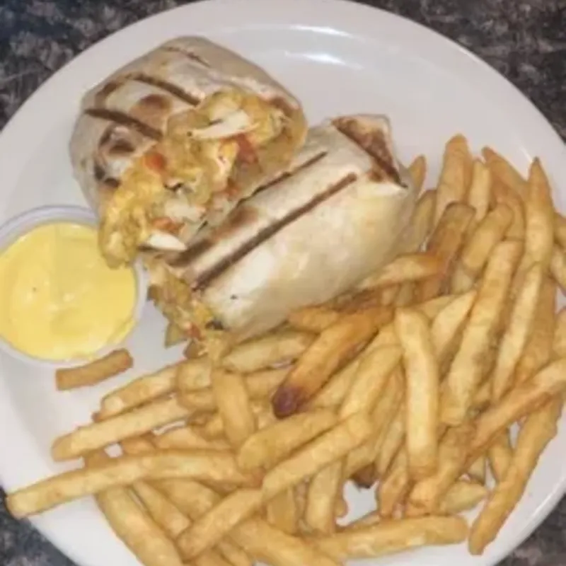 A grilled wrap with french fries and a dipping sauce on a white plate