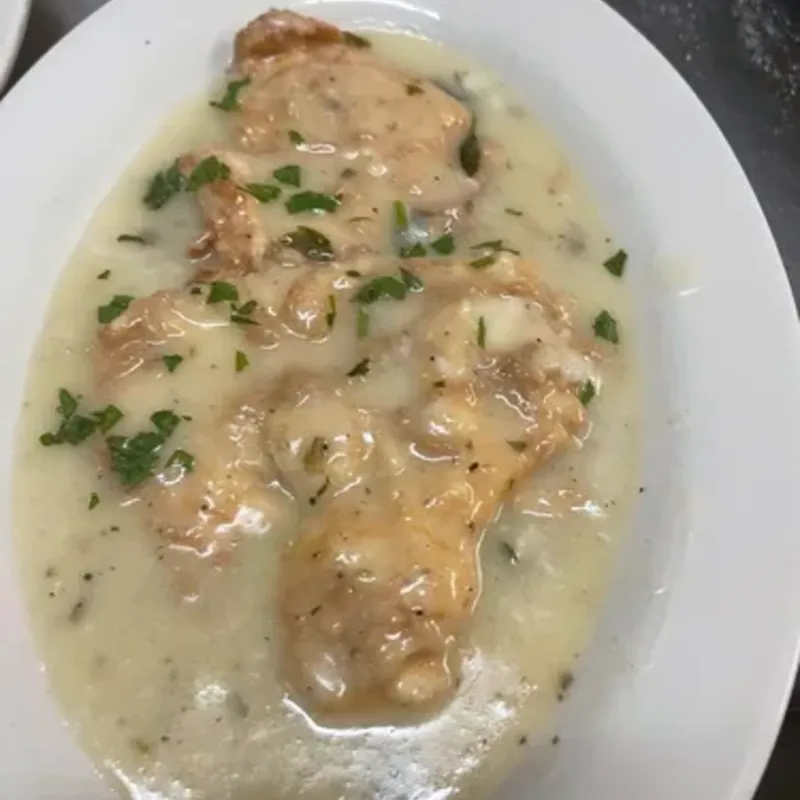 Chicken in a light cream sauce, garnished with parsley