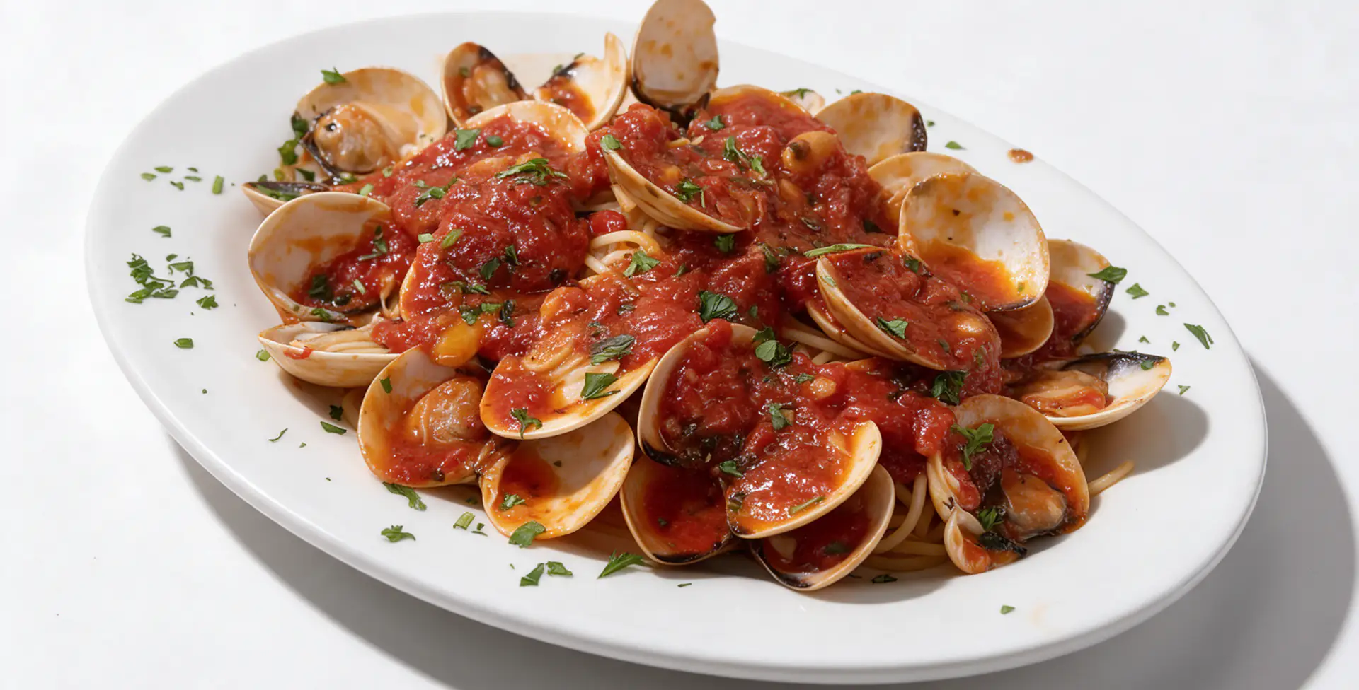 A white oval plate of pasta with clams in red tomato sauce, scattered with parsley